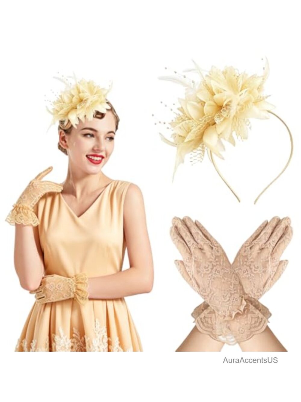 2 Pc Fascinator Hat and Lace Gloves Set Tea Party Costume Accessories